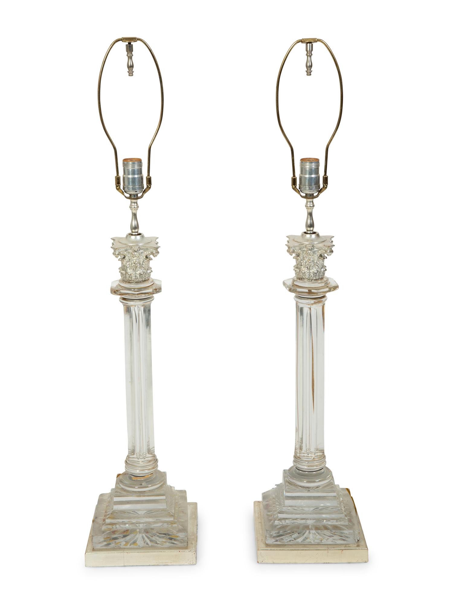 A Pair of Regency Cut-Glass and Silvered Metal Candlesticks Mounted as Lamps — LATE 19TH CENTURY