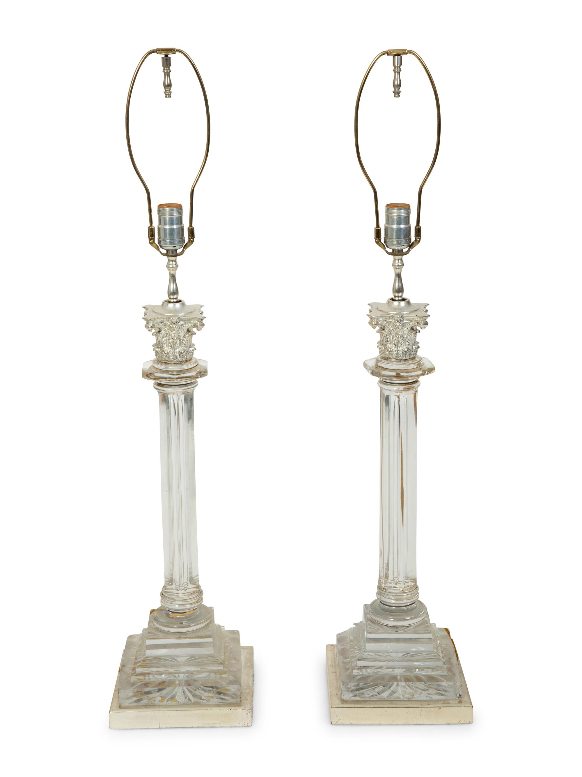 A Pair of Regency Cut-Glass and Silvered Metal Candlesticks Mounted as Lamps — LATE 19TH CENTURY