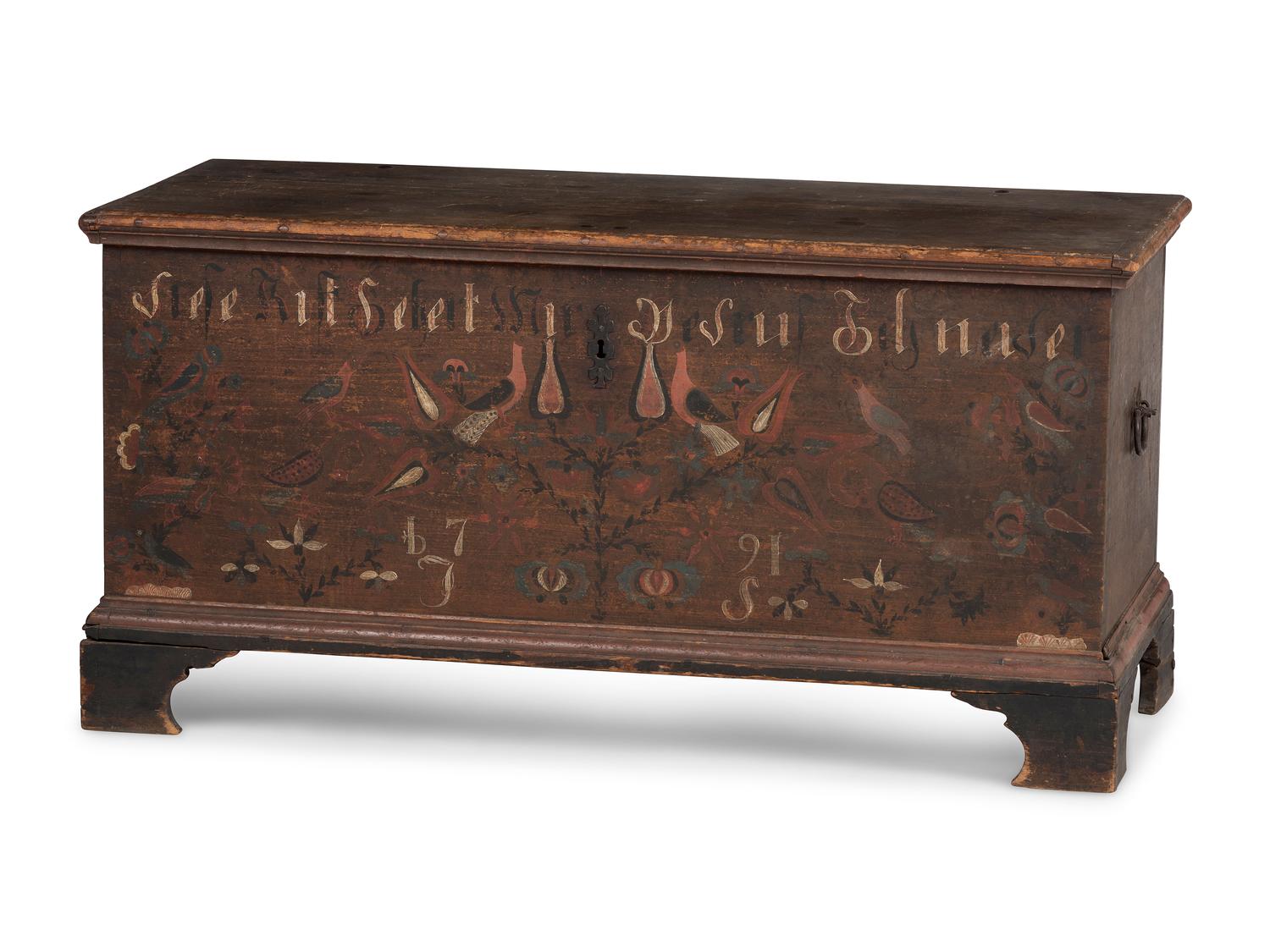 A Chippendale Wrought-Iron Mounted Painted Poplar and Pine Dower Chest