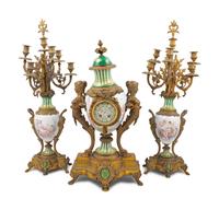 A Sèvres Style Gilt Bronze Mounted Porcelain Clock Garniture Retailed by Tiffany & Co.