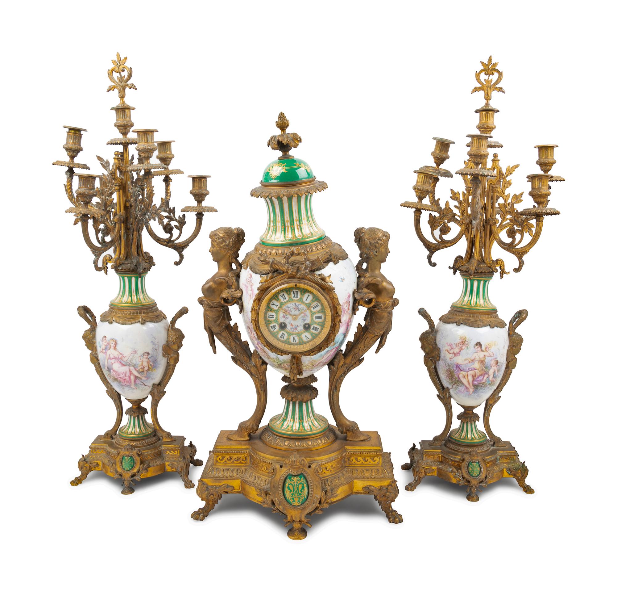 A Sèvres Style Gilt Bronze Mounted Porcelain Clock Garniture Retailed by Tiffany & Co.