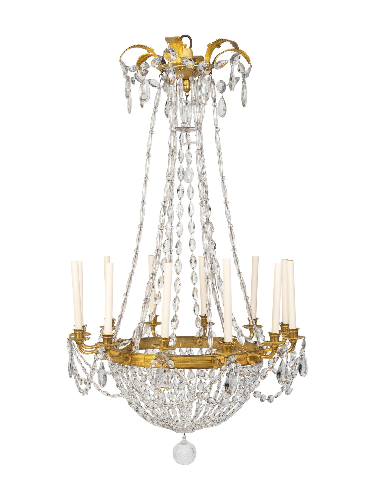 A Neoclassical Gilt-Bronze, Tole and Glass Twelve-Light Chandelier — EARLY 19TH CENTURY