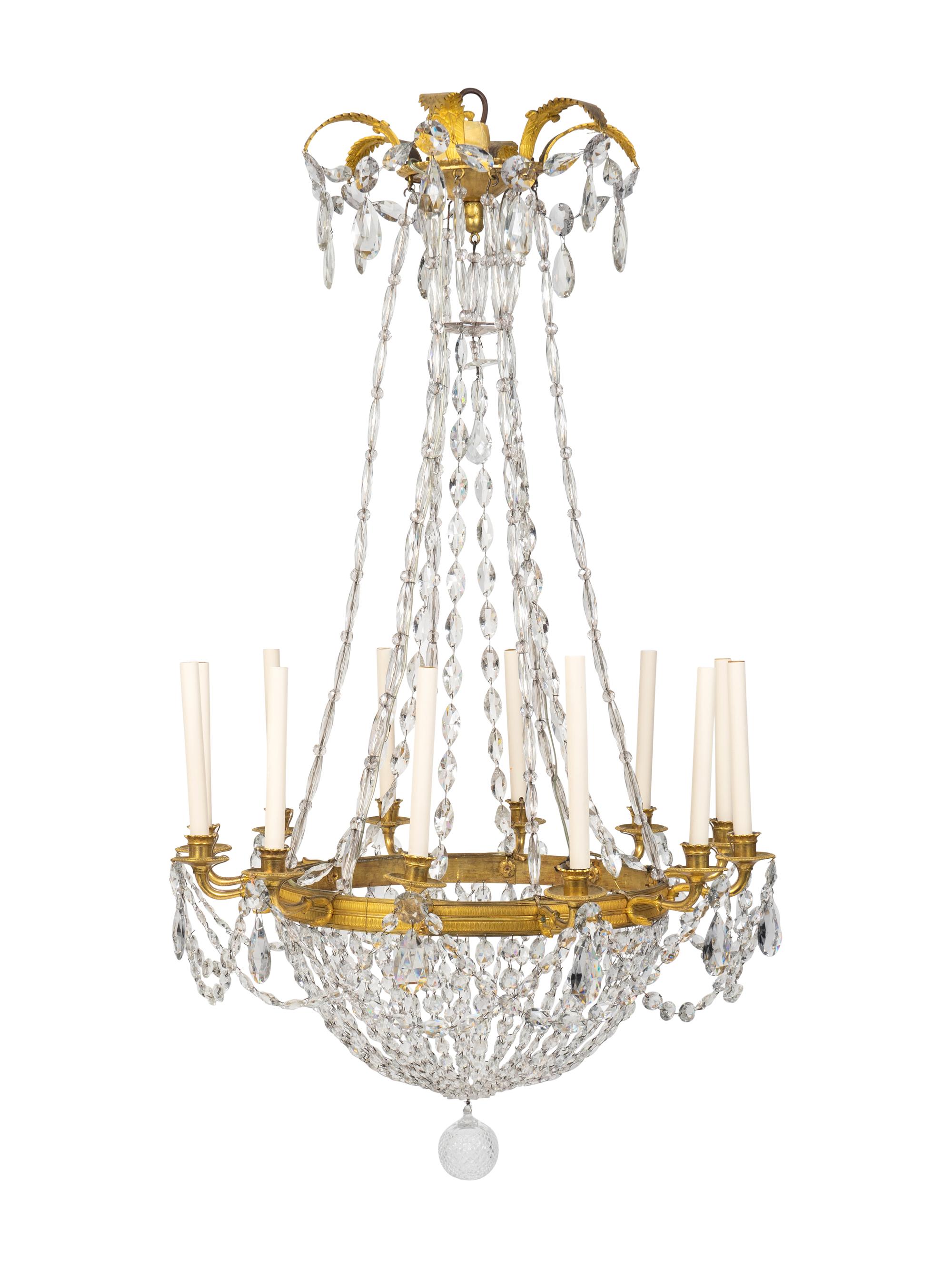 A Neoclassical Gilt-Bronze, Tole and Glass Twelve-Light Chandelier — EARLY 19TH CENTURY