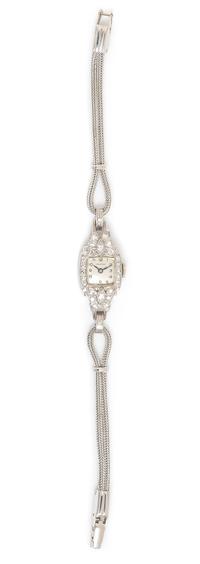 A Platinum, 14 Karat White Gold and Diamond Wristwatch, Stauffer, 10.80 dwts.