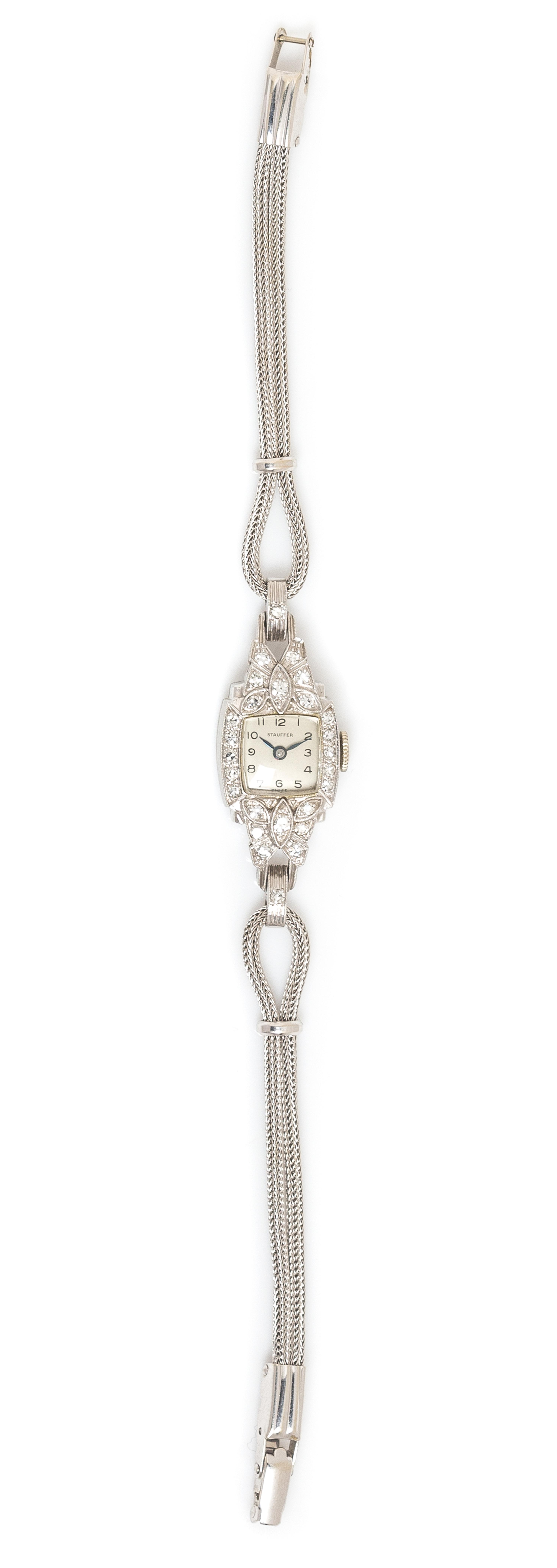 A Platinum, 14 Karat White Gold and Diamond Wristwatch, Stauffer, 10.80 dwts.