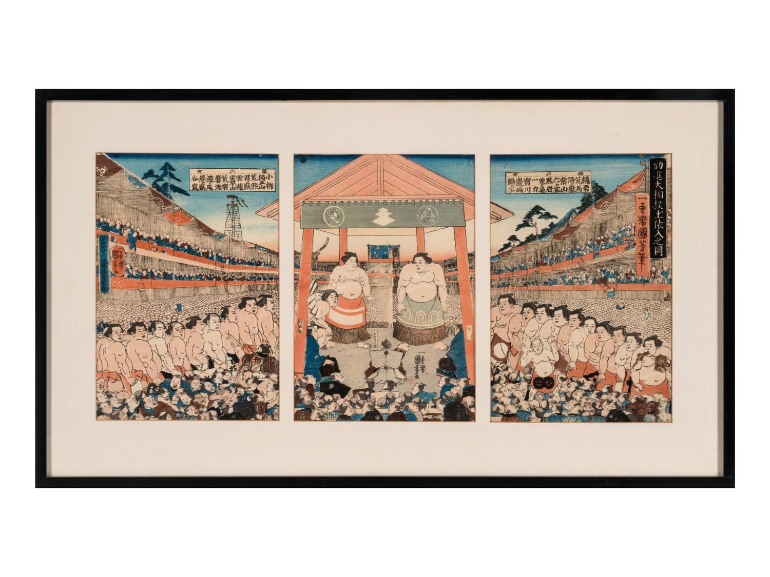 A Japanese Woodblock Triptych of a Sumo Match
