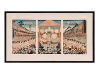 A Japanese Woodblock Triptych of a Sumo Match