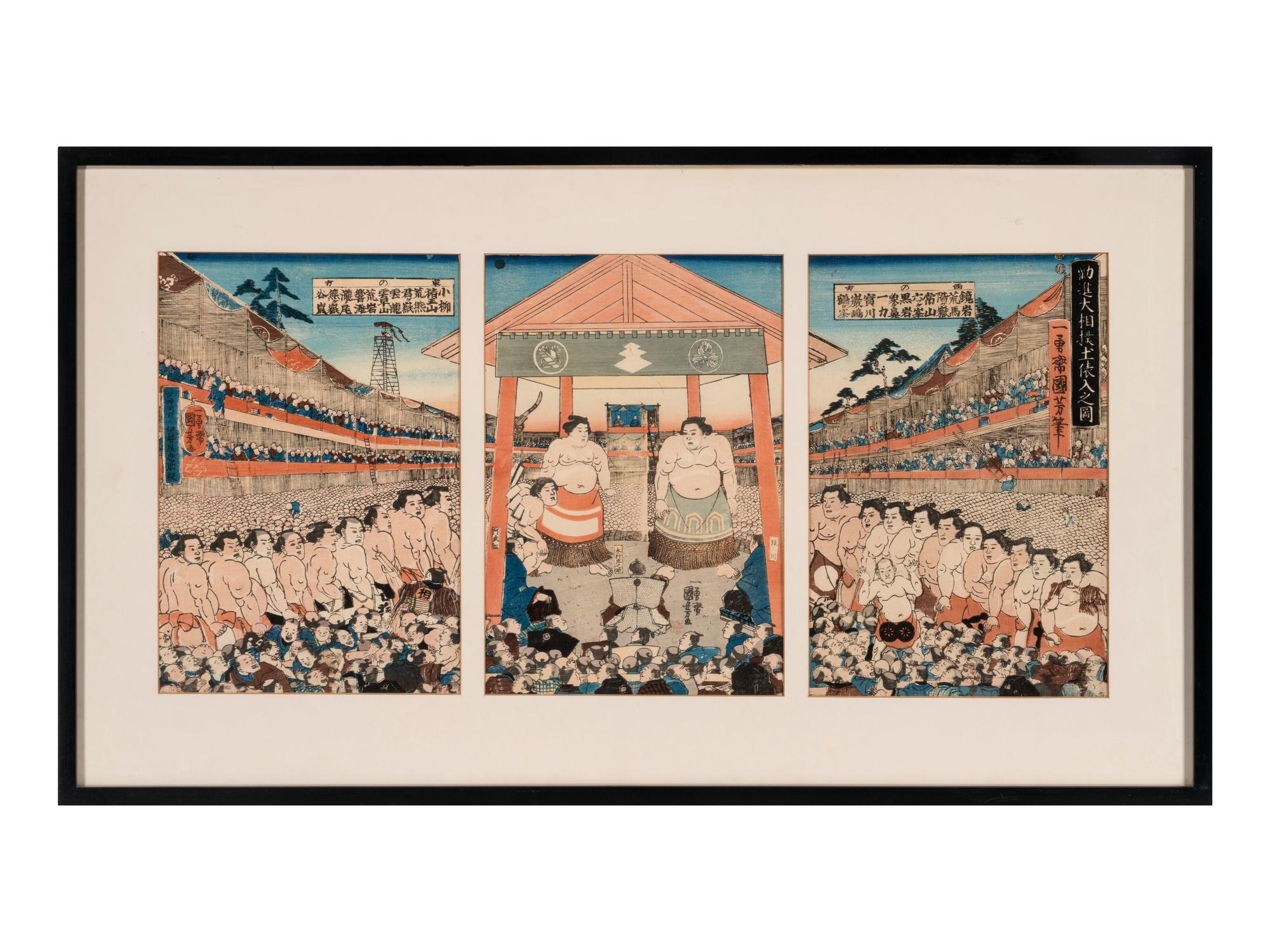 A Japanese Woodblock Triptych of a Sumo Match