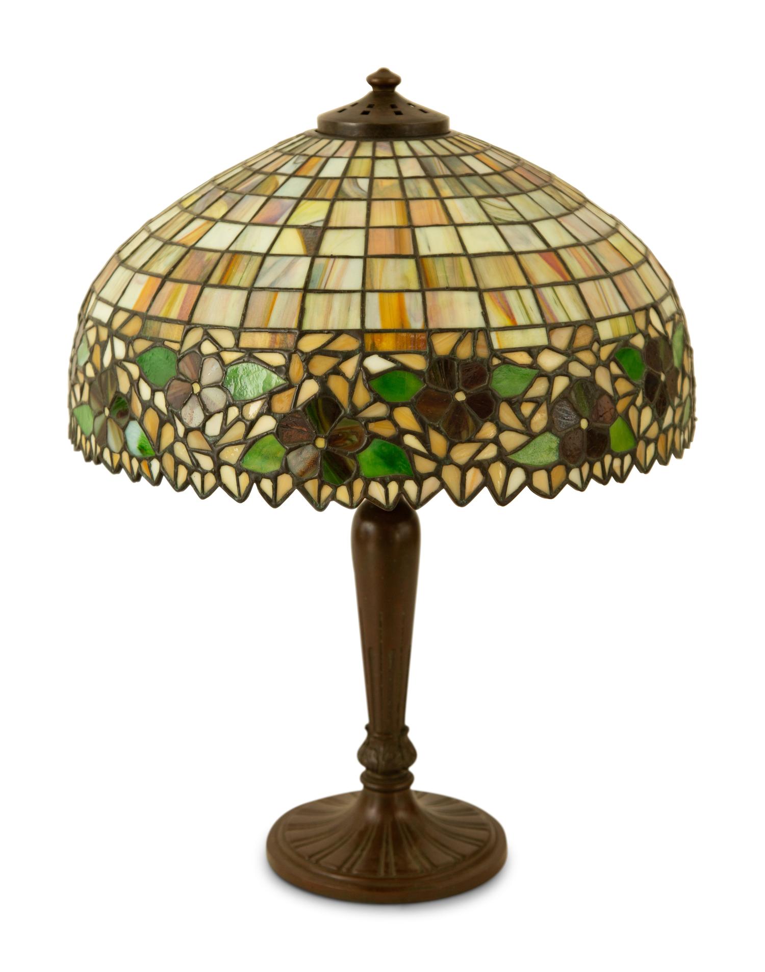 An American Leaded Glass and Patinated Metal Table Lamp