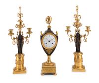 An Empire Gilt and Patinated Bronze Clock Garniture