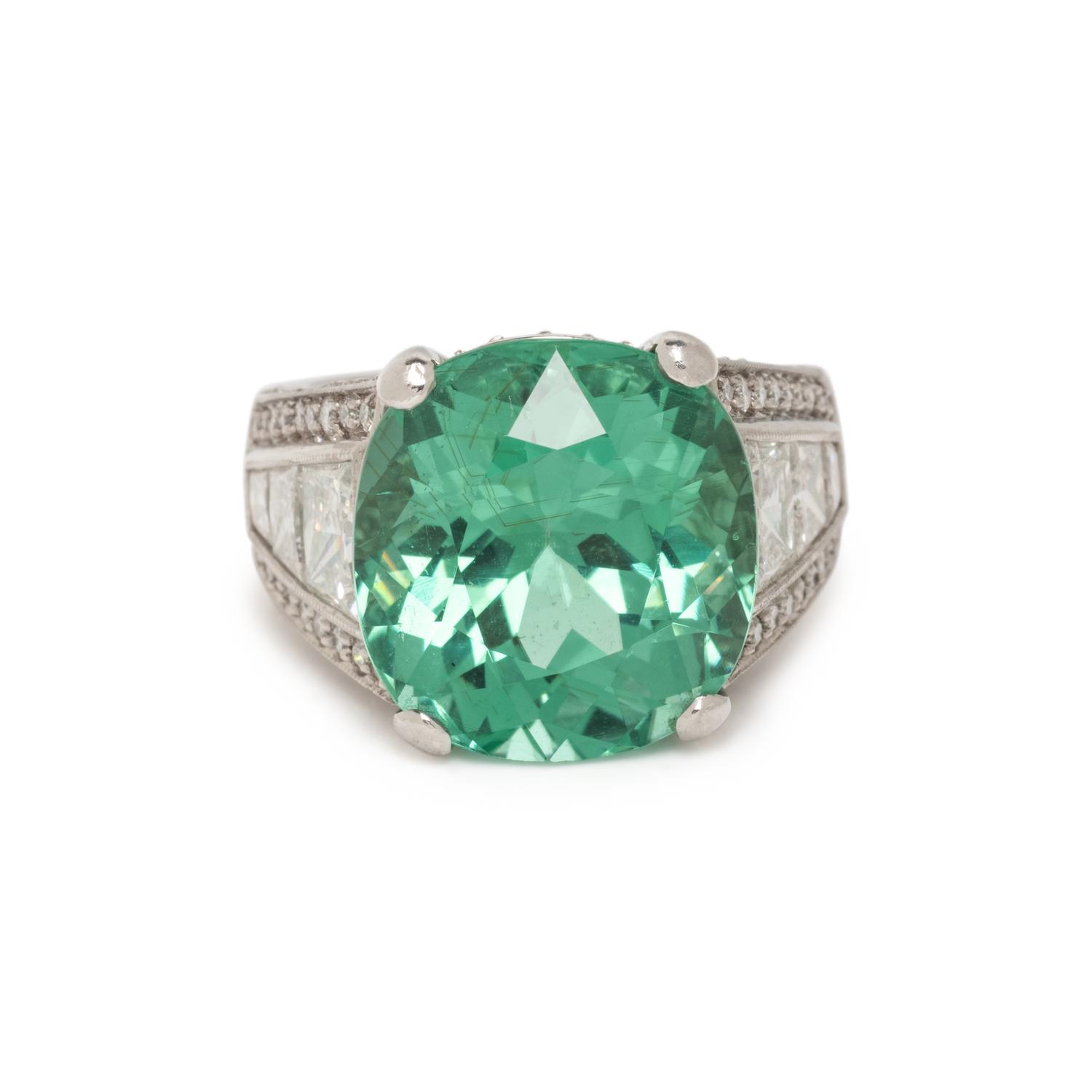 PLATINUM, GREEN TOURMALINE, AND DIAMOND RING
