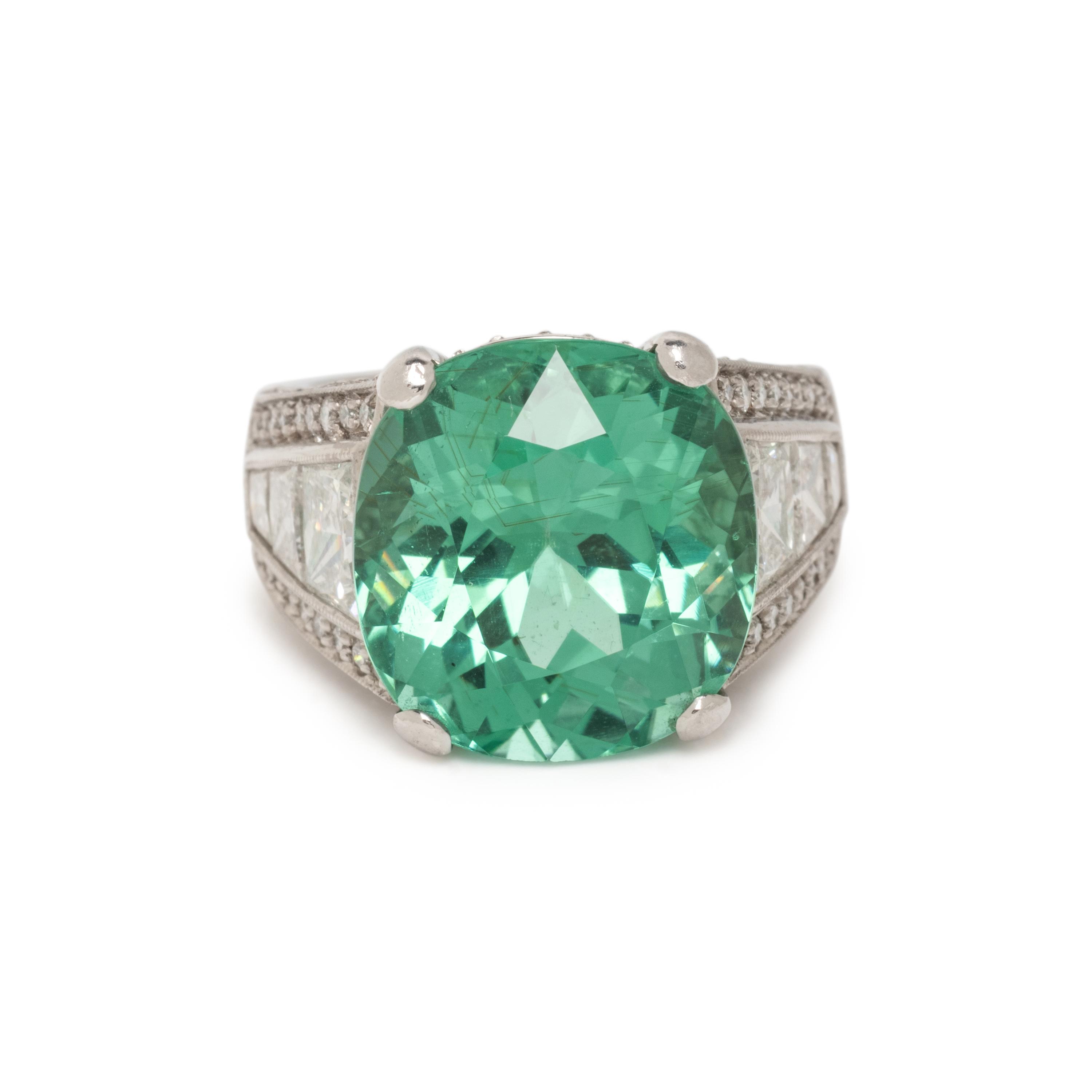 PLATINUM, GREEN TOURMALINE, AND DIAMOND RING