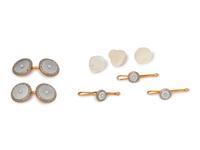 An Art Deco Platinum Topped 14 Karat Yellow Gold, Cultured Pearl and Mother-of-Pearl Dress Set, Krementz,