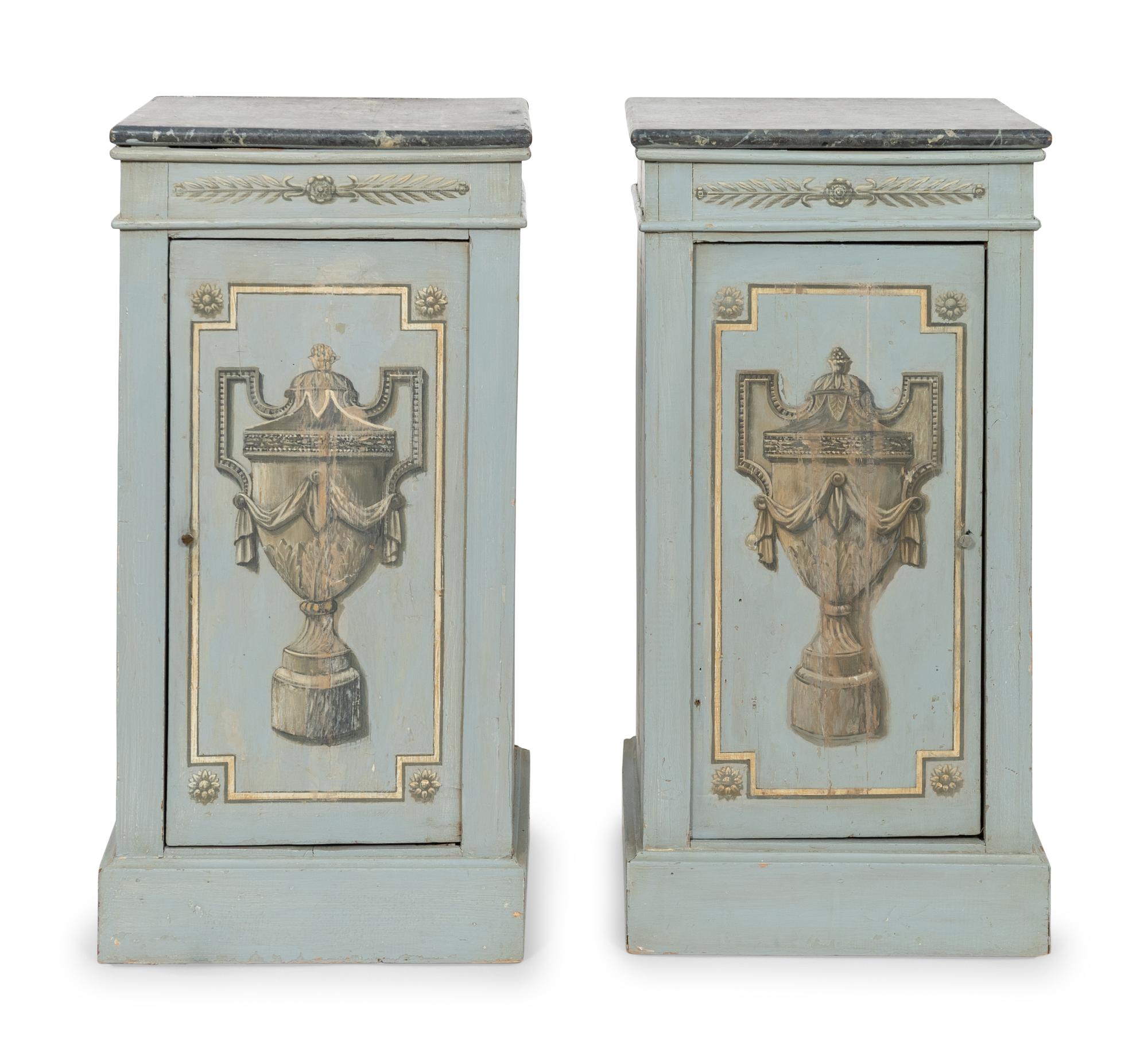 A Pair of Neoclassical Paint-Decorated Pedestal Cupboards