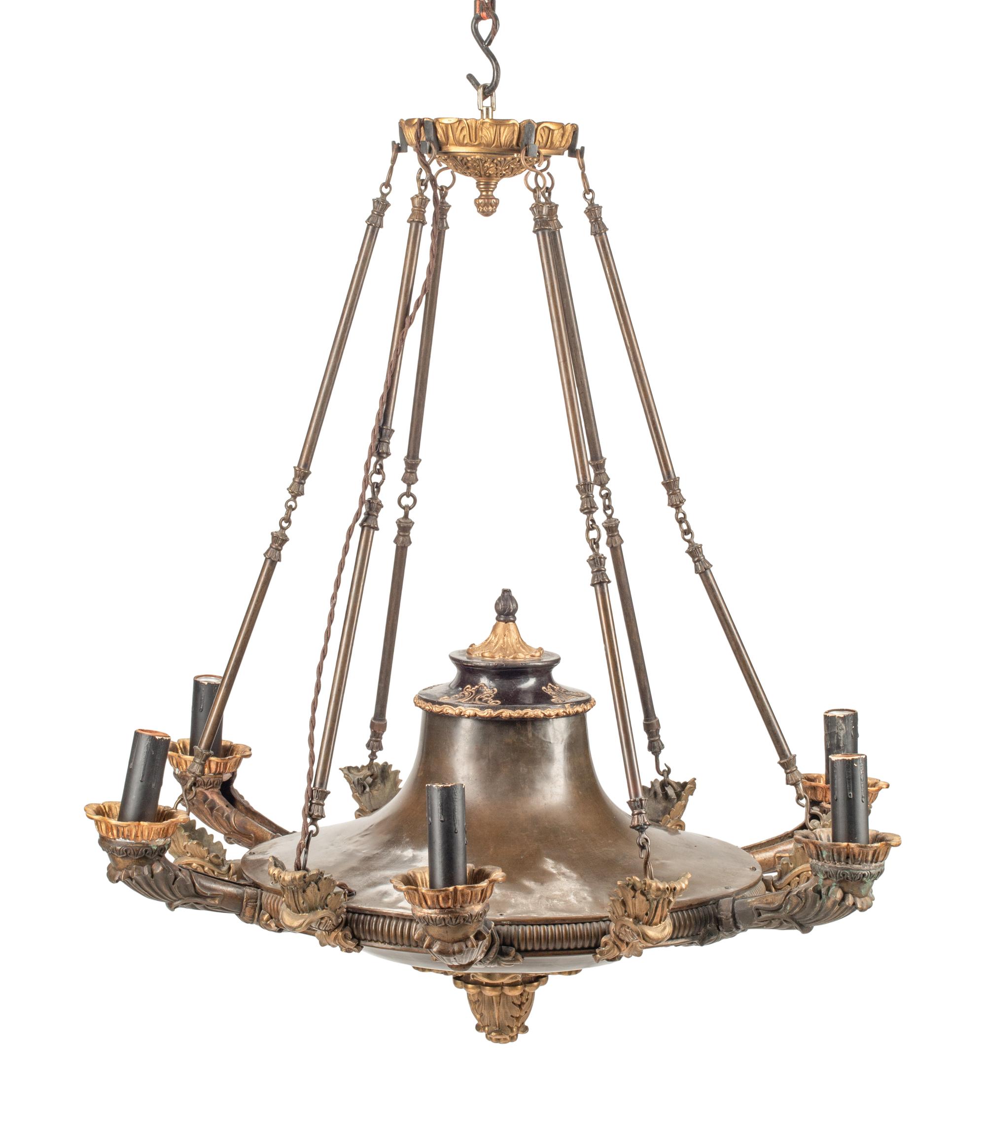 An Empire Style Bronze and Tôle Six-Light Chandelier