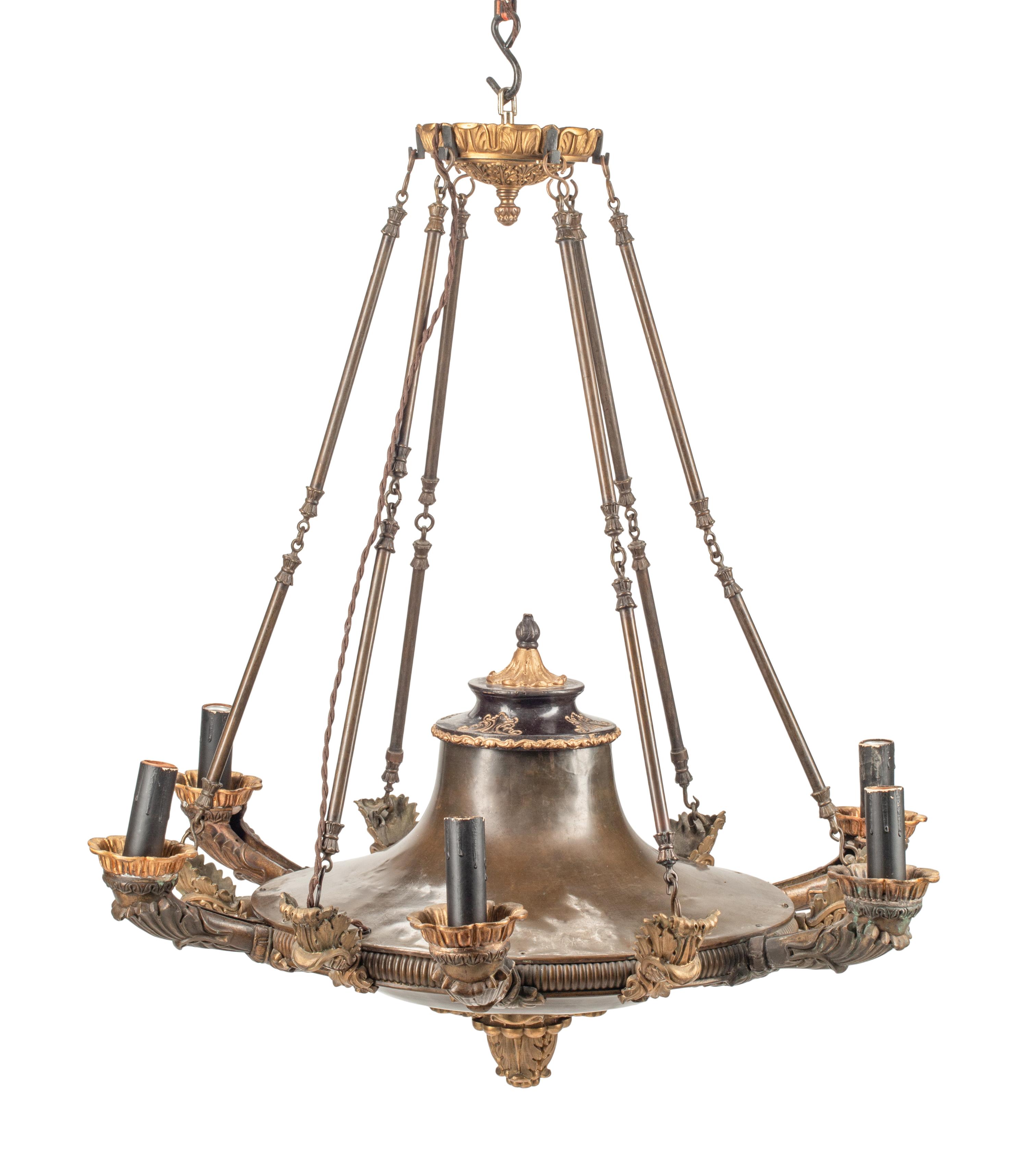 An Empire Style Bronze and Tôle Six-Light Chandelier