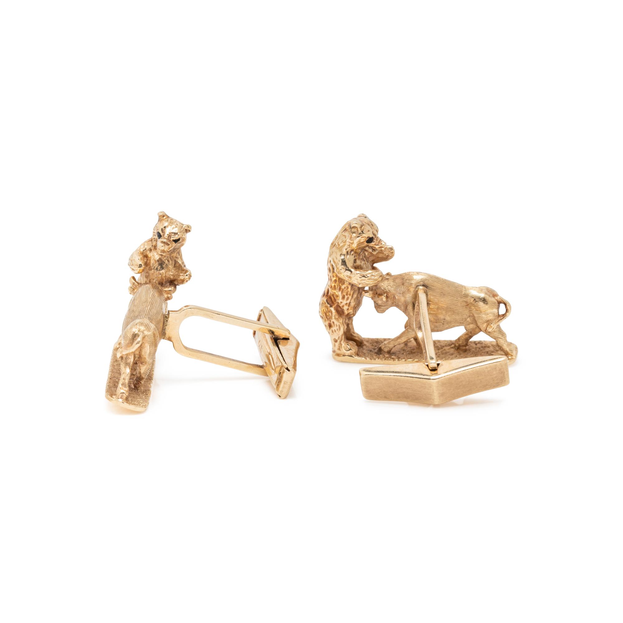 YELLOW GOLD AND ENAMEL BULL AND BEAR CUFFLINKS