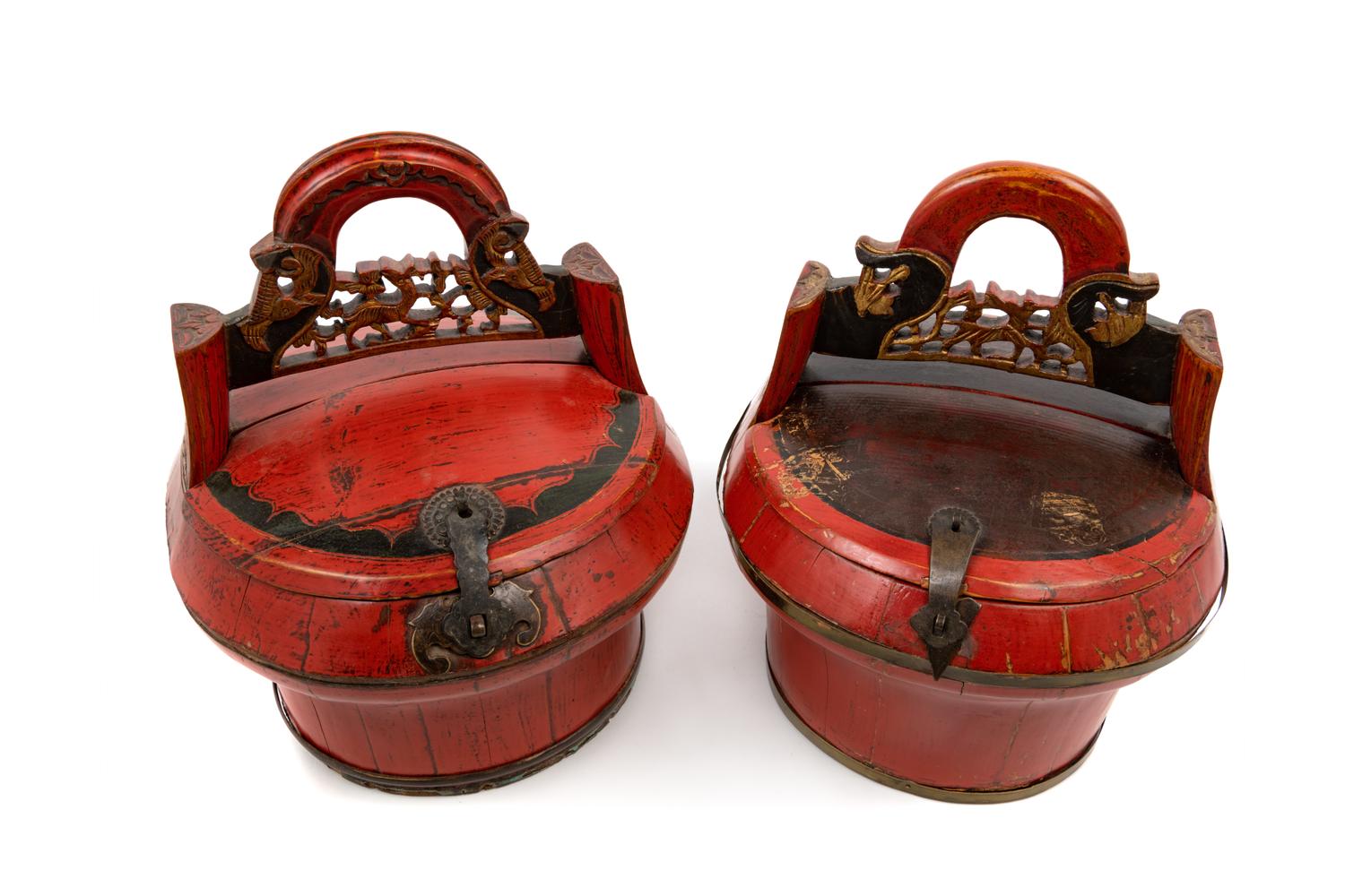 A Pair of Chinese Red Lacquered Wood Baskets