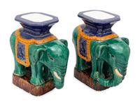 A Pair of Glazed Ceramic Elephant-Form Side Tables