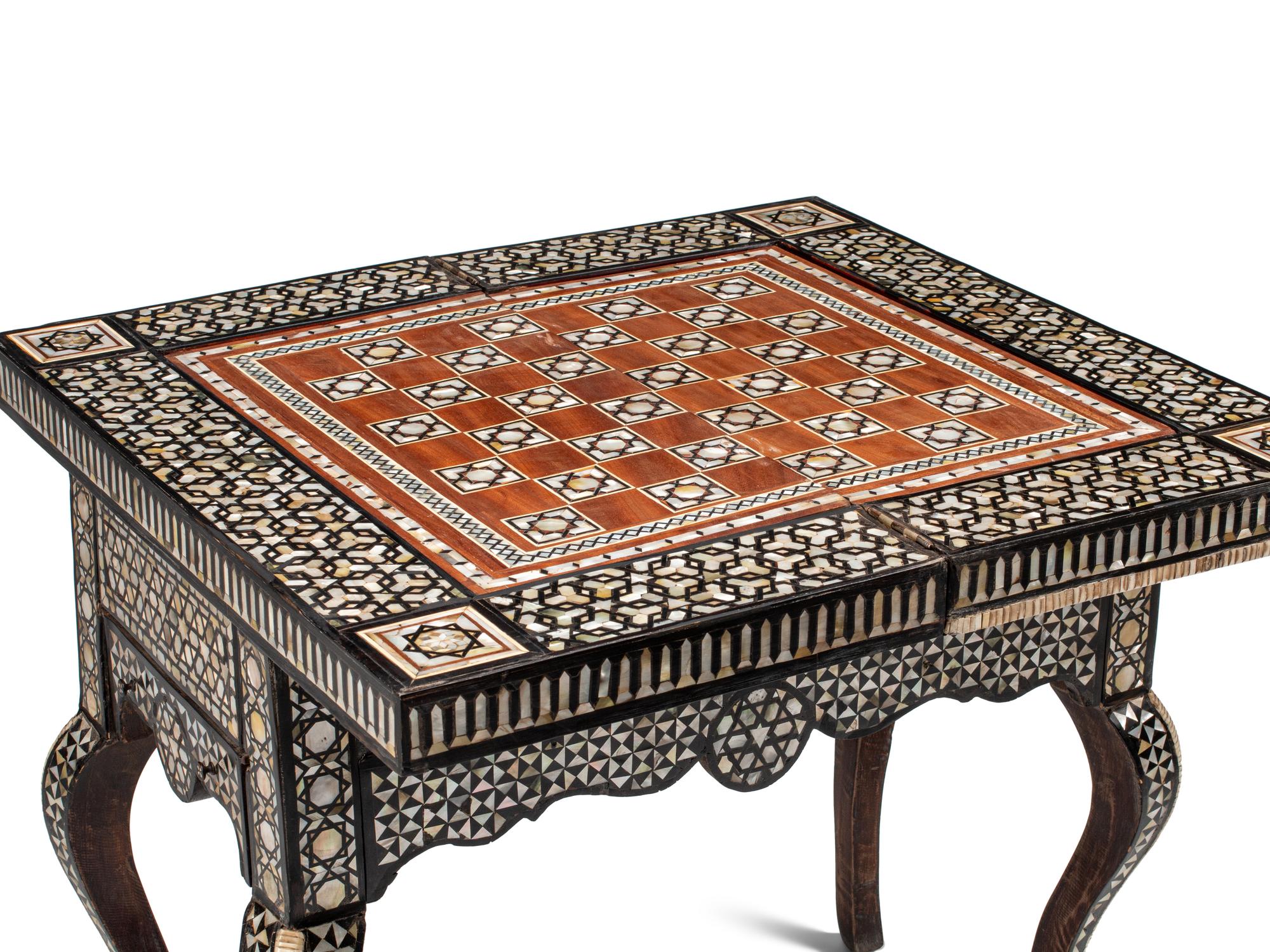 A Levantine Marquetry and Mother-of-Pearl Inlaid Flip-Top Swivel-Action Game Table