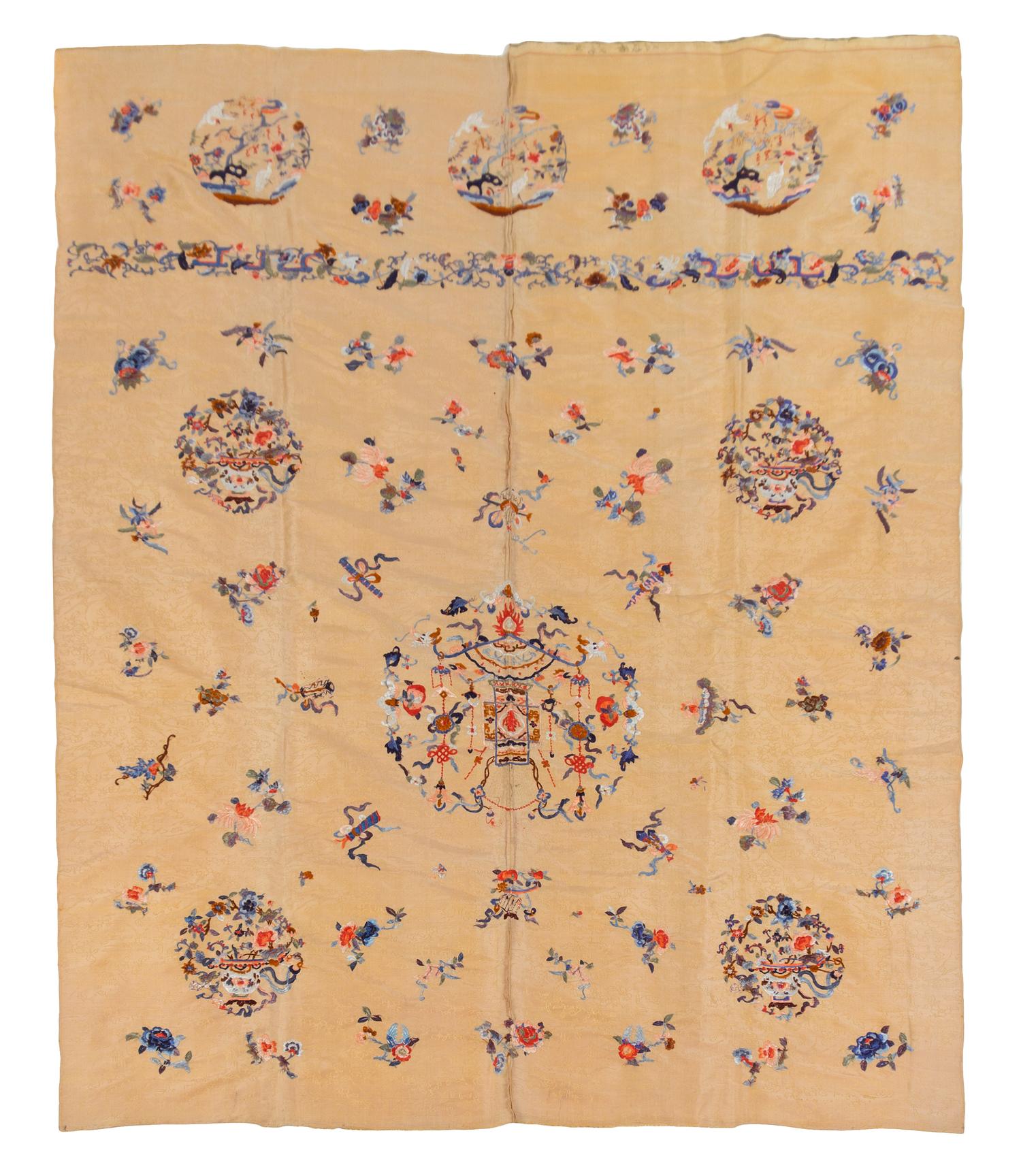 A Chinese Silk Beige-Gold Embroidered Brocade Hanging LATE QING DYNASTY 61 1/2 x 77 1/2 inches. — LATE QING DYNASTY
