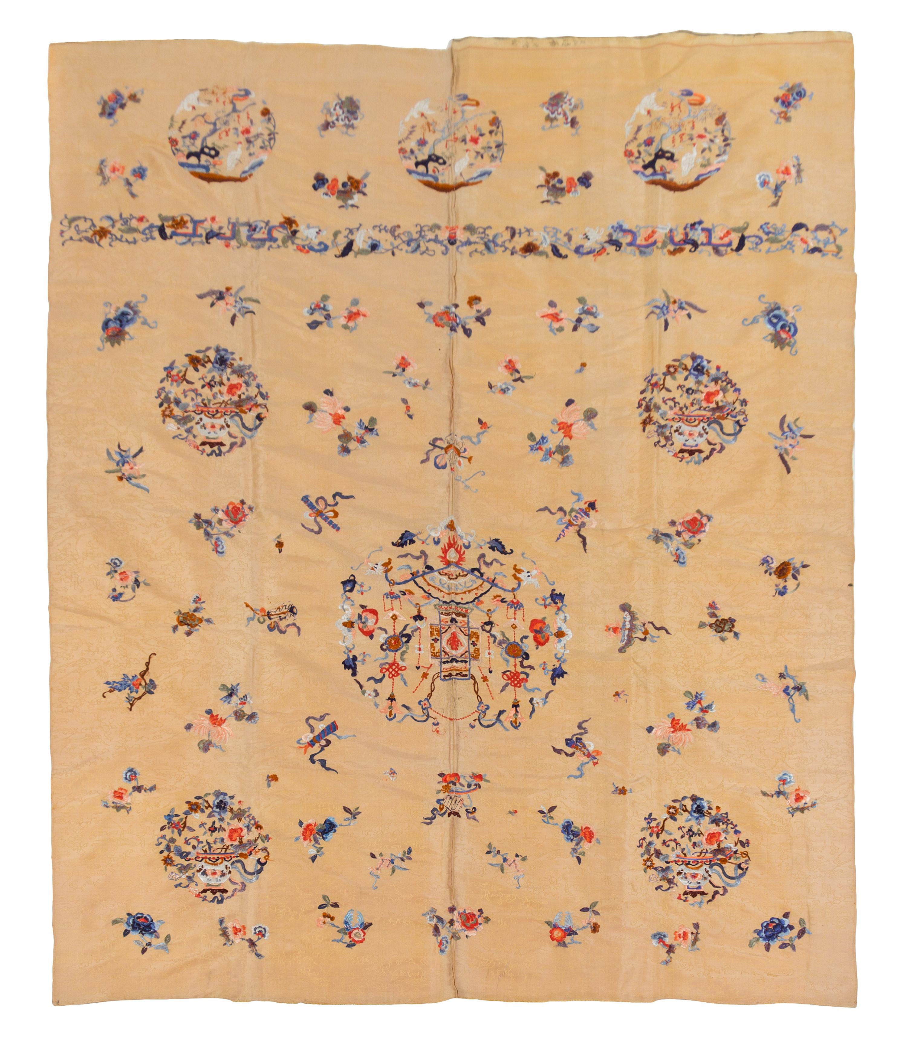 A Chinese Silk Beige-Gold Embroidered Brocade Hanging LATE QING DYNASTY 61 1/2 x 77 1/2 inches. — LATE QING DYNASTY