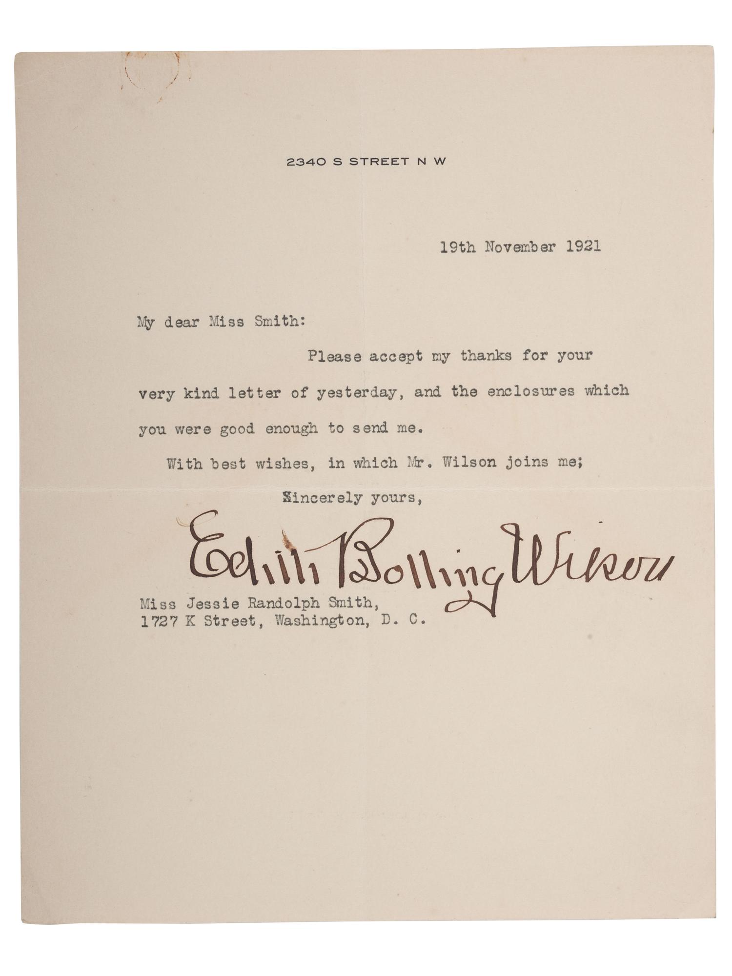 WILSON, Woodrow (1856-1924). A group of 3 items signed by Woodrow Wilson and Edith Bolling Wilson, highlighted by presidential signed appointment.