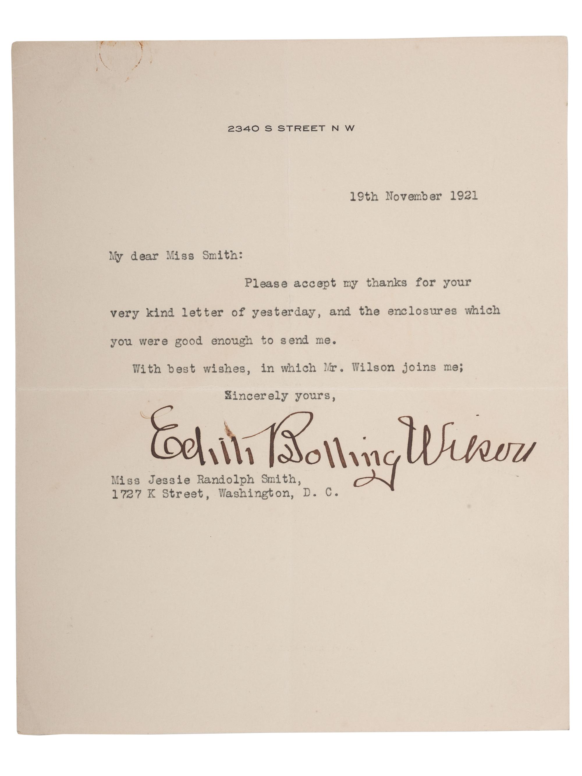WILSON, Woodrow (1856-1924). A group of 3 items signed by Woodrow Wilson and Edith Bolling Wilson, highlighted by presidential signed appointment.