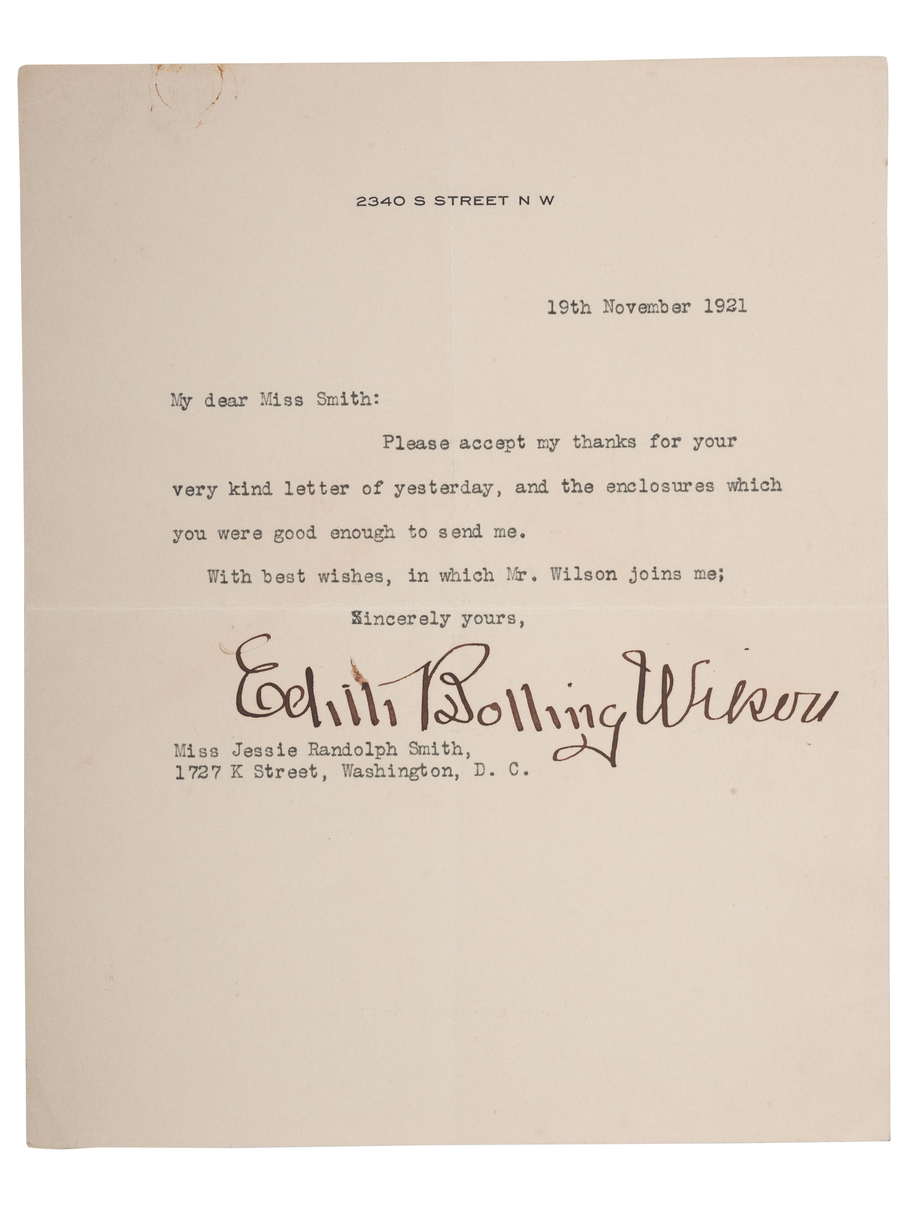 WILSON, Woodrow (1856-1924). A group of 3 items signed by Woodrow Wilson and Edith Bolling Wilson, highlighted by presidential signed appointment.