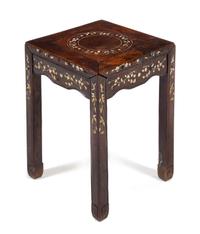 A Mother-of-Pearl Inlaid Hongmu Stool, Fangdeng Height 18 x width 14 x depth 14 1/2 inches. — 19TH/EARLY 20TH CENTURY