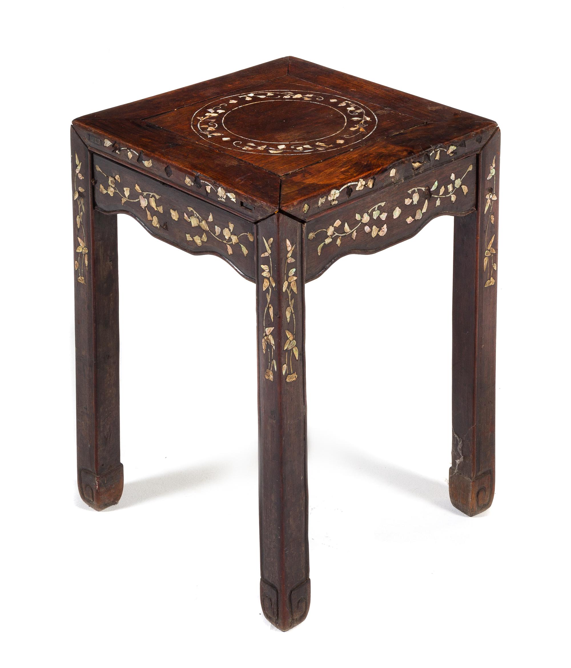 A Mother-of-Pearl Inlaid Hongmu Stool, Fangdeng Height 18 x width 14 x depth 14 1/2 inches. — 19TH/EARLY 20TH CENTURY