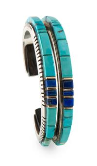Silver, Turquoise, Ironwood, and Lapis Cuff Bracelet, with Gold Accents Lot is located and will ship from Denver, Colorado.