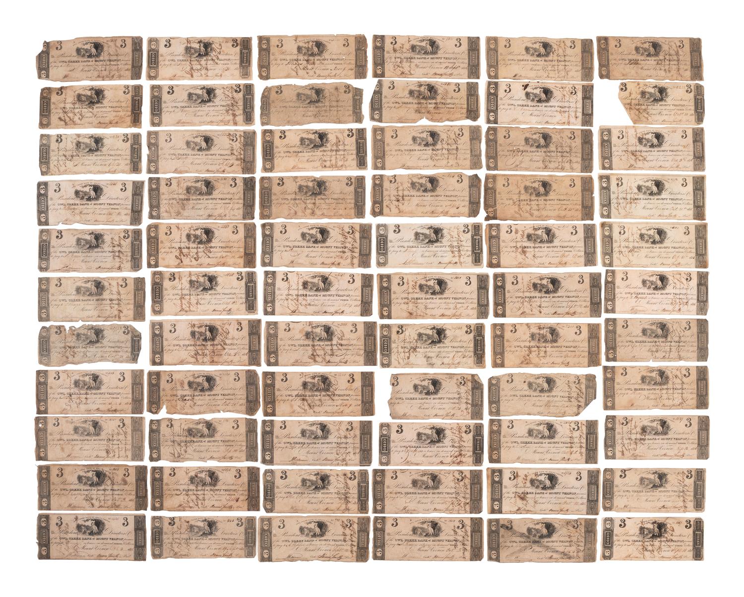 [CURRENCY]. More than 100 notes from the Owl Creek Bank of Mount Vernon, Ohio. Ca 1816-1818.