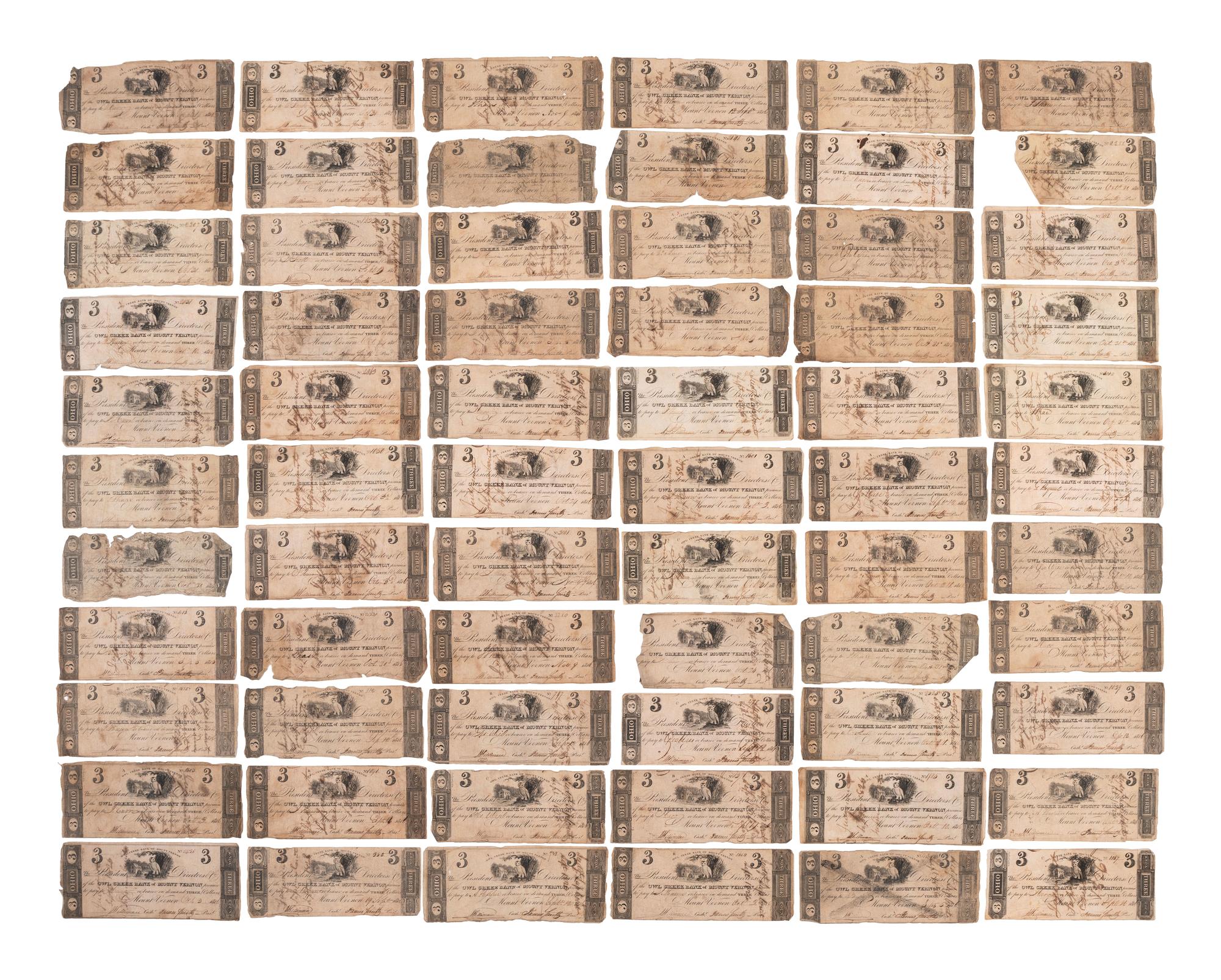 [CURRENCY]. More than 100 notes from the Owl Creek Bank of Mount Vernon, Ohio. Ca 1816-1818.