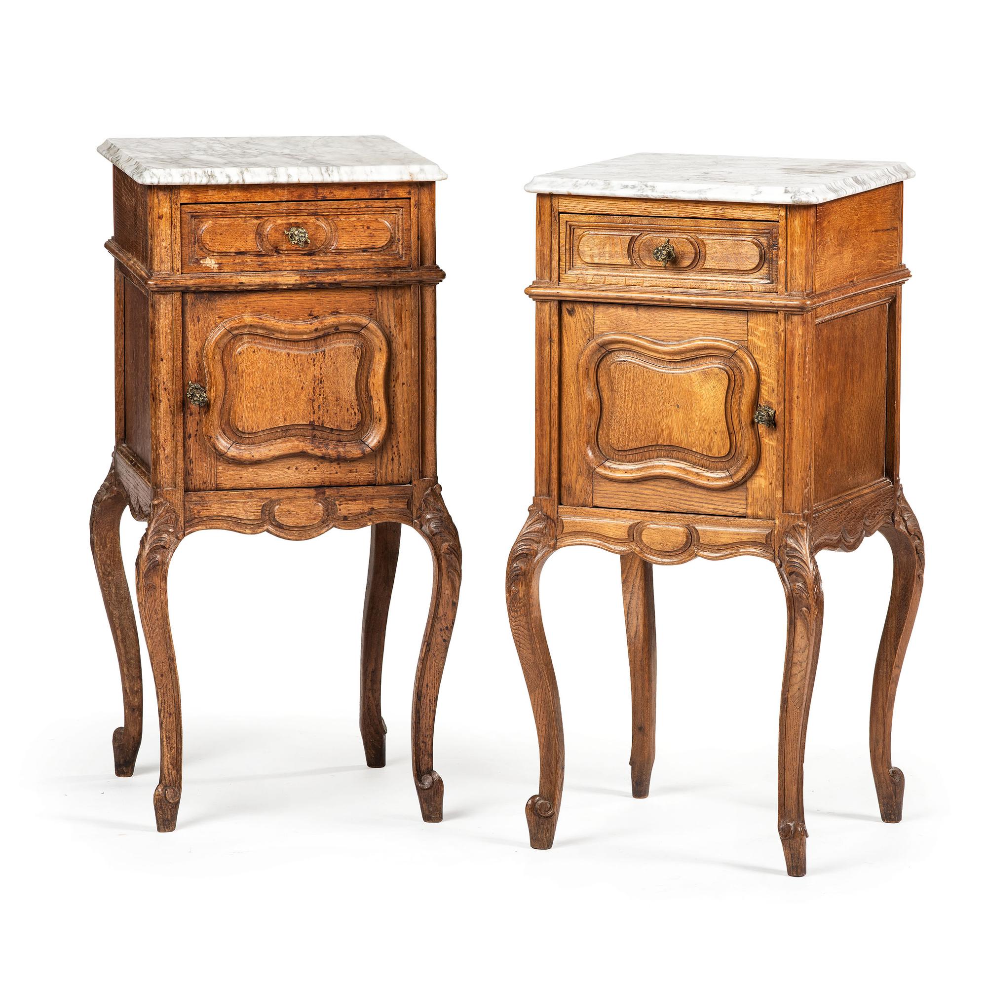 A Pair of Louis XV Provincial Style Carved Oak Marble Top Side Cabinets