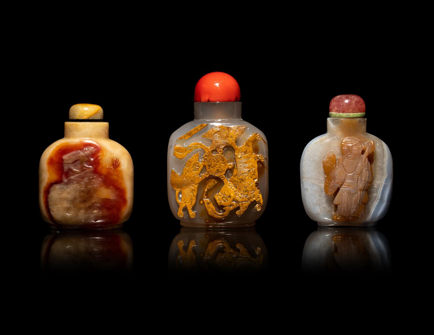 Three Large Chinese Carved Hardstone Snuff Bottles
