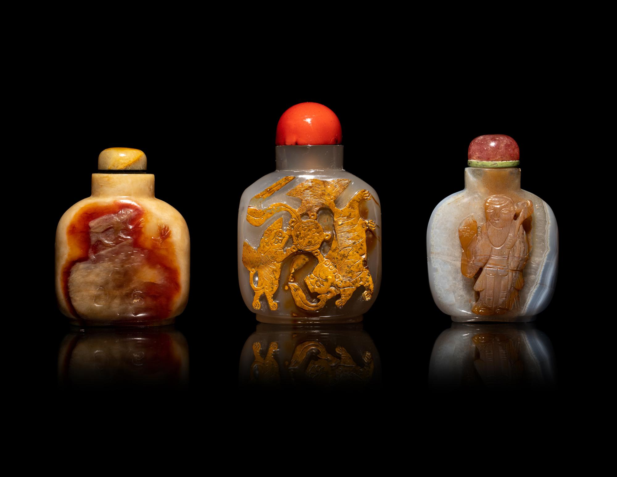 Three Large Chinese Carved Hardstone Snuff Bottles