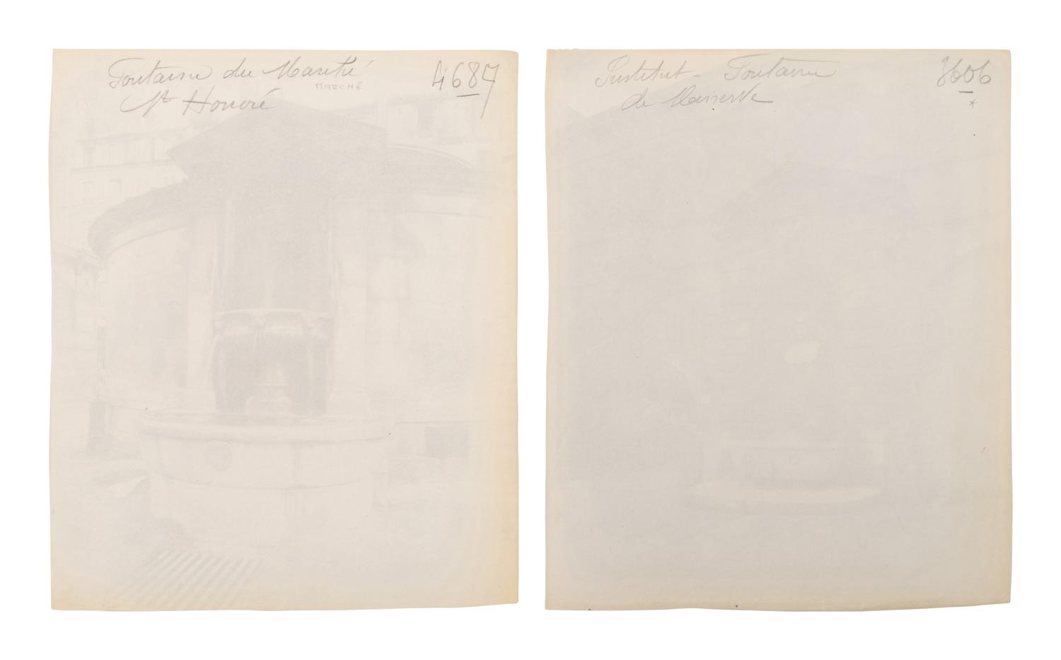 A pair of photographs depicting fountains ( Fontaine Minerve, Institut , 1899; Fontaine du Marché Saint-Honoré , 1903)