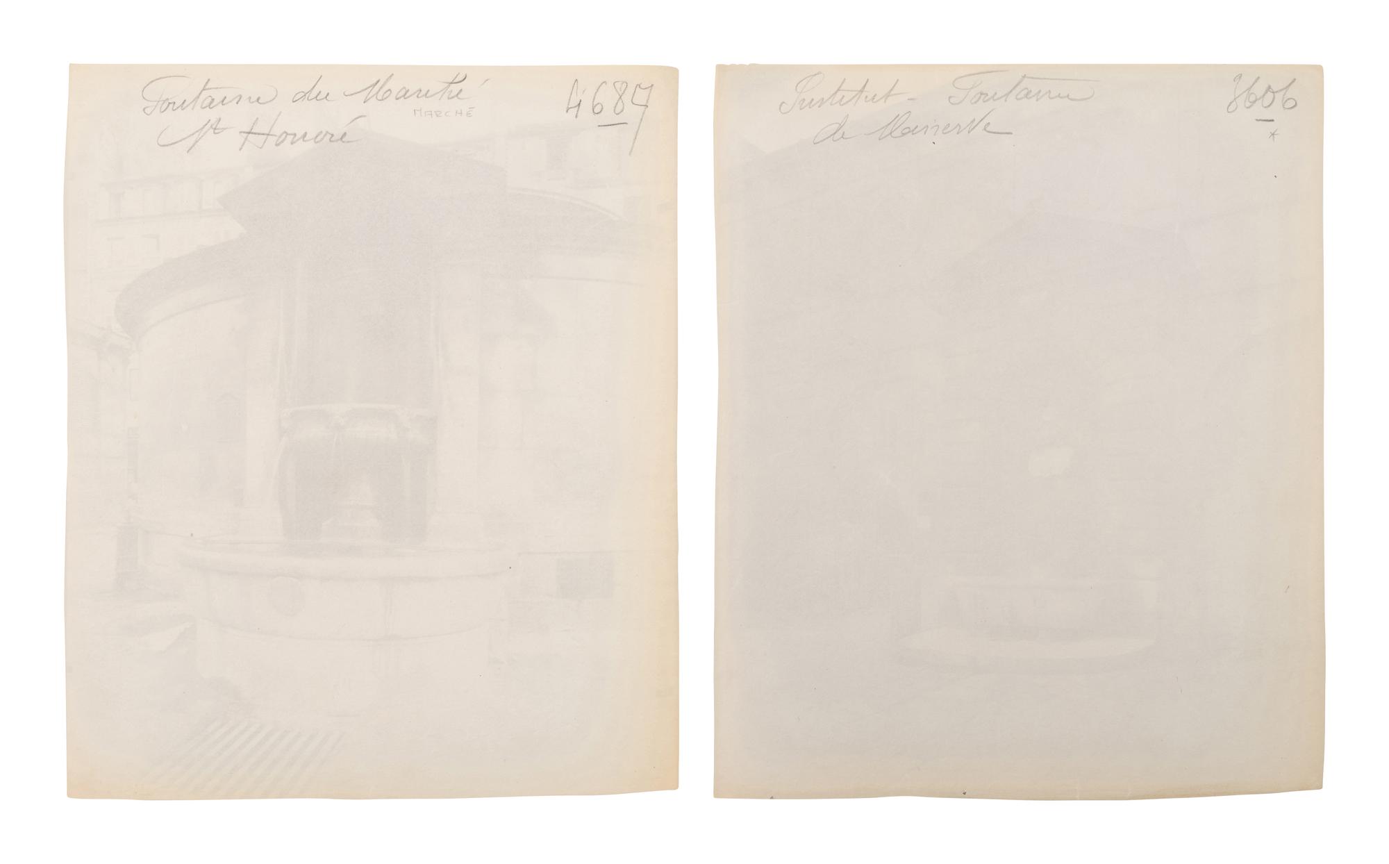A pair of photographs depicting fountains ( Fontaine Minerve, Institut , 1899; Fontaine du Marché Saint-Honoré , 1903)