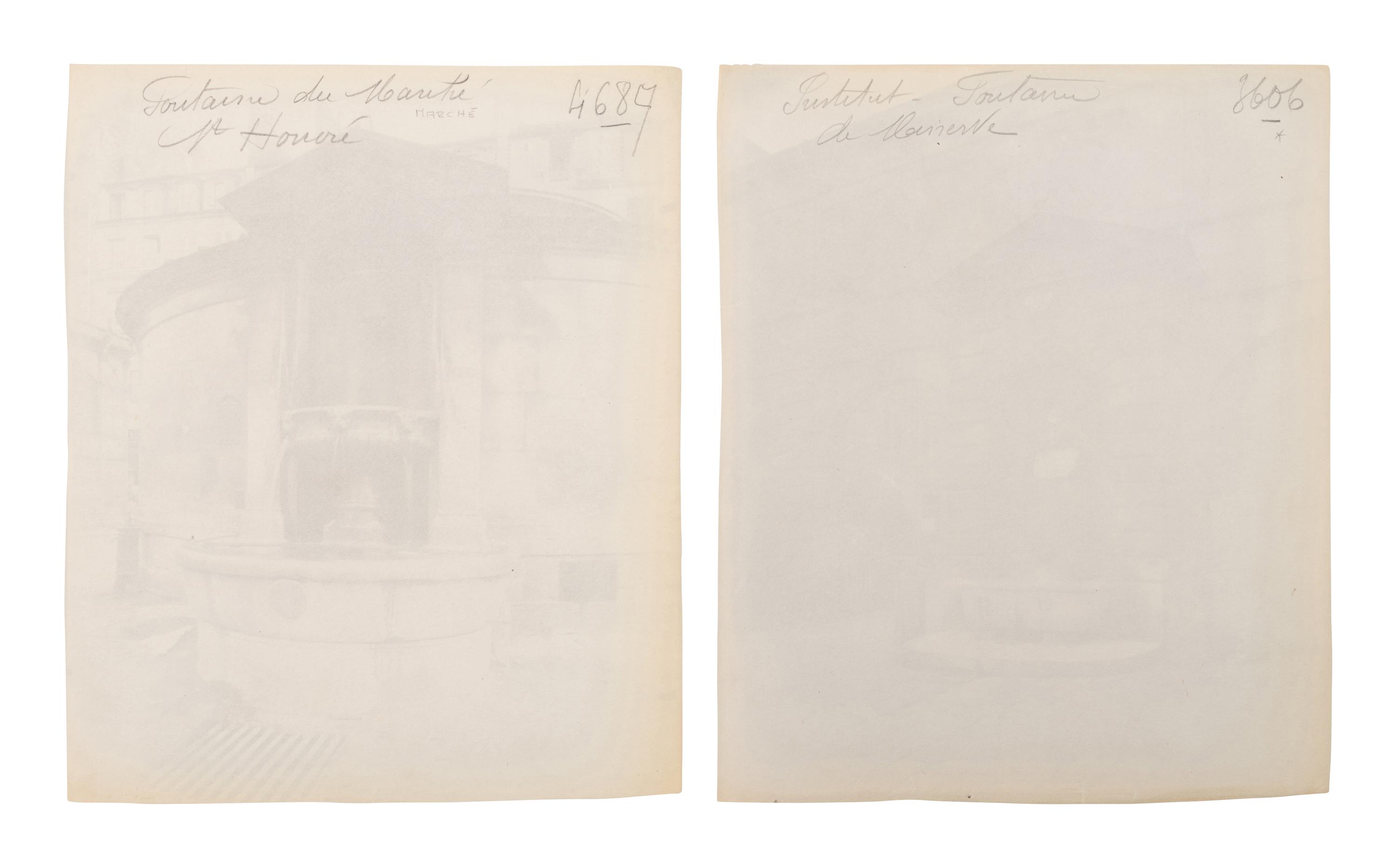 A pair of photographs depicting fountains ( Fontaine Minerve, Institut , 1899; Fontaine du Marché Saint-Honoré , 1903)