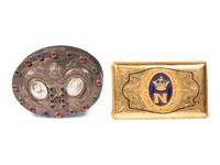 An English Silver Box, an Italian Gilt Metal Box and a Patinated Metal Table Casket