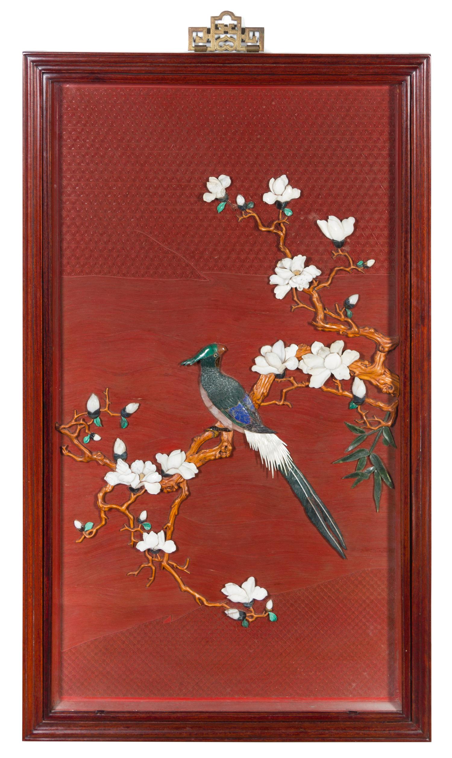 A Large Chinese Hardstone Mounted Cinnabar Panel EARLY 20TH CENTURY 36 1/4 x 20 1/4 inches. — EARLY 20TH CENTURY