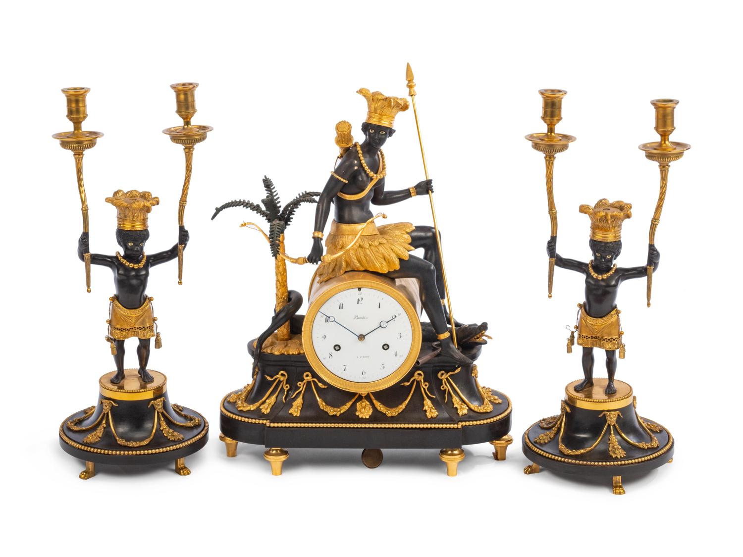 A French Gilt and Patinated Bronze Three-Piece Clock Garniture
