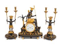 A French Gilt and Patinated Bronze Three-Piece Clock Garniture