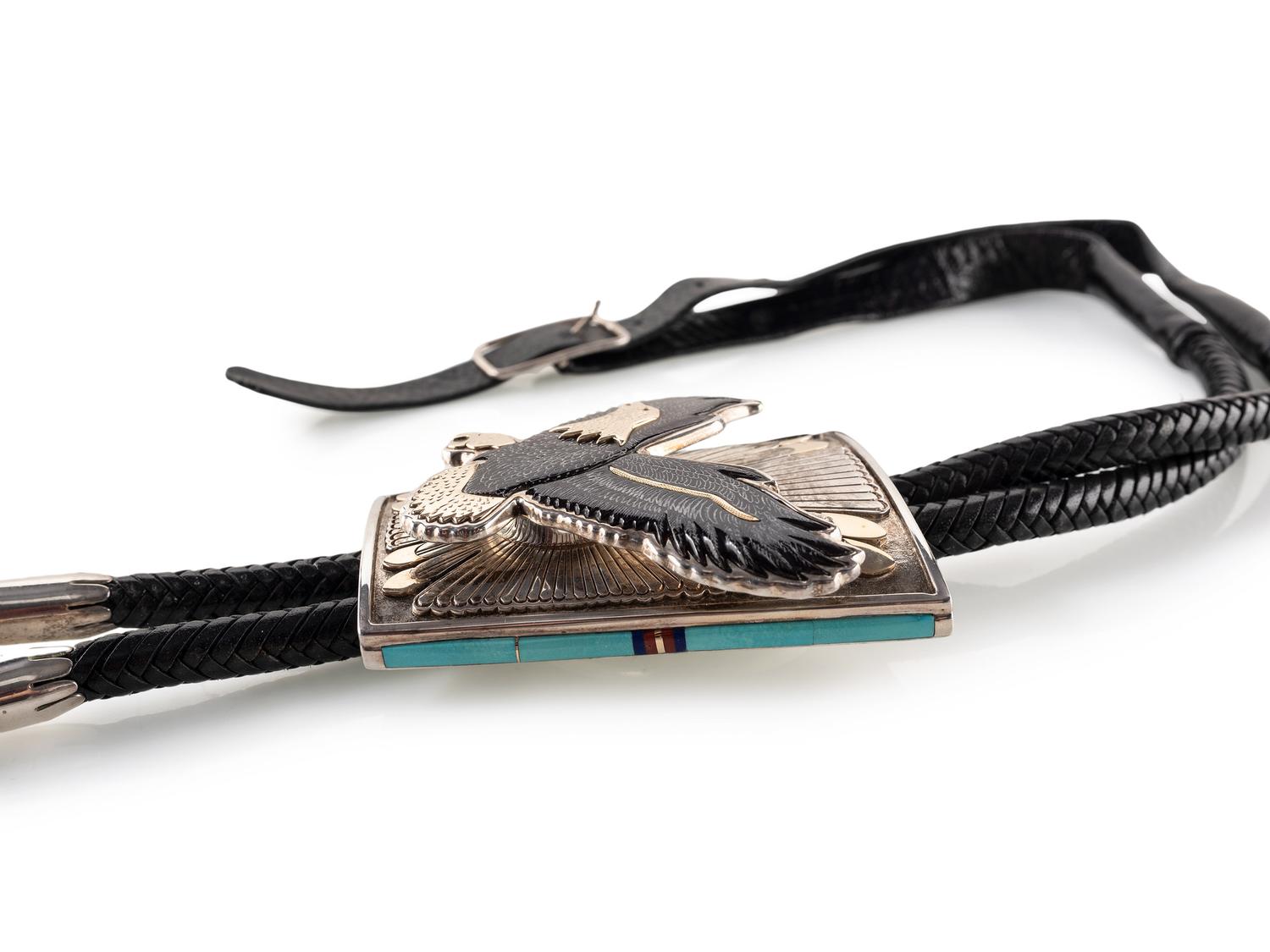 Sterling Silver Eagle Bolo Tie, with Mosaic Inlay and 14K Gold Accents