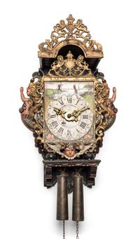 A Dutch Carved and Painted Wood Wall Clock Height 18 1/2 inches. — 18TH/19TH CENTURY