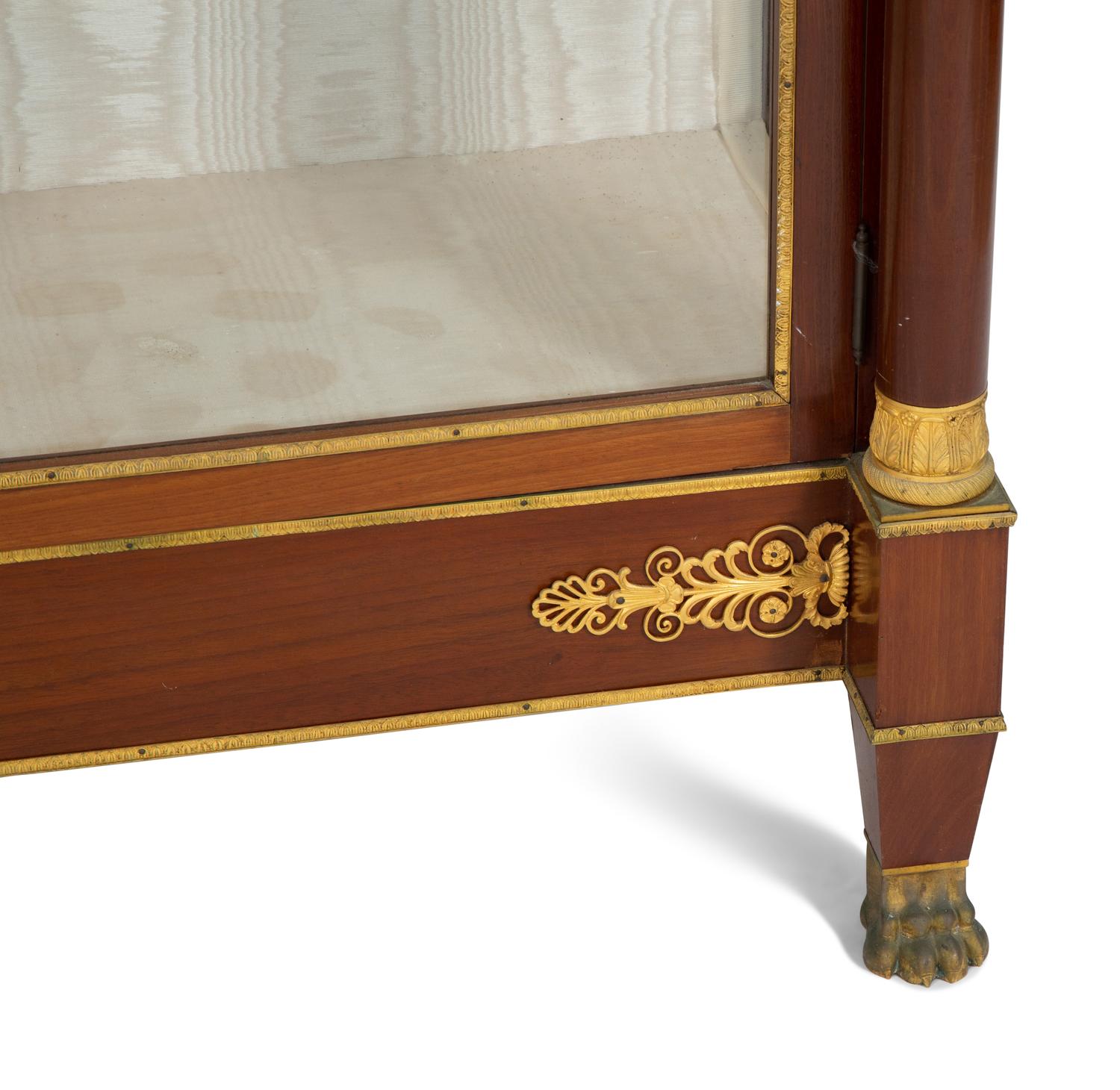 A Pair of Empire Style Gilt Bronze Mounted Mahogany Marble Top Vitrine Cabinets