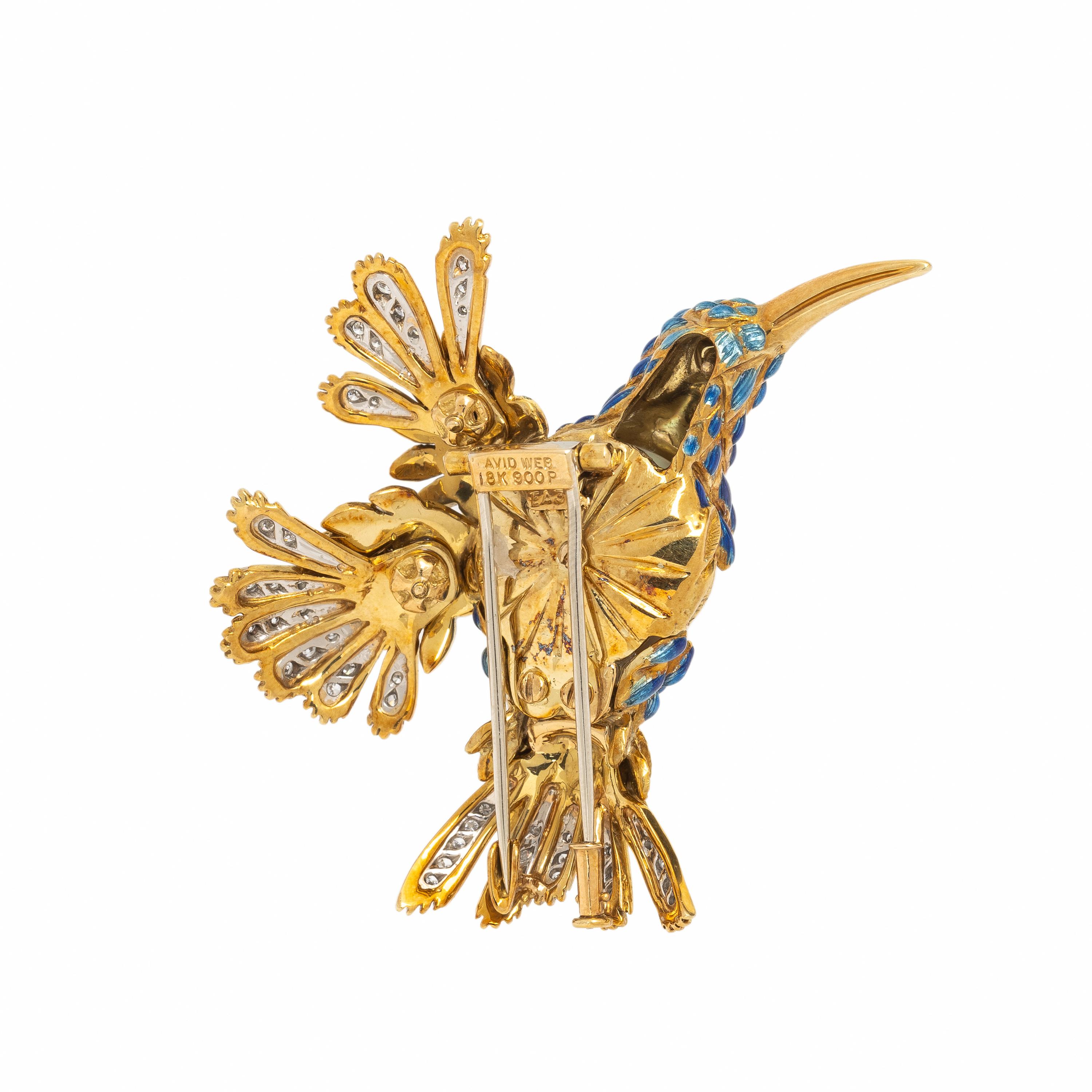 David Webb, Cultured Pearl, Enamel, Diamond and Yellow Gold Hummingbird Brooch