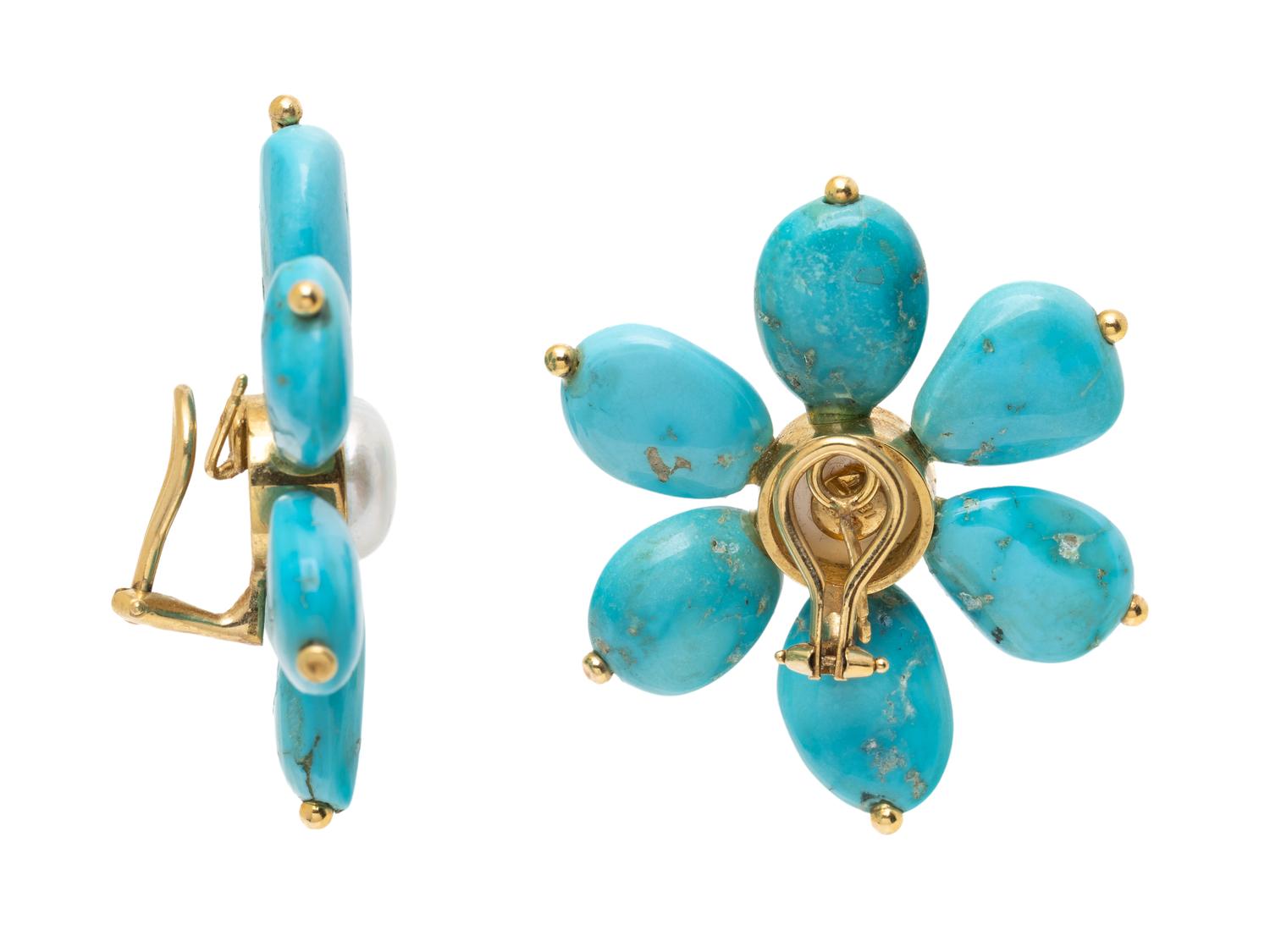 MAZ, TURQUOISE, MABÉ PEARL, AND YELLOW GOLD FLOWER EARRINGS