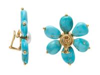 MAZ, TURQUOISE, MABÉ PEARL, AND YELLOW GOLD FLOWER EARRINGS